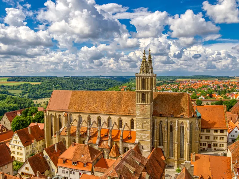 View over the rooftops of Rothenburg towards the Tauber valley